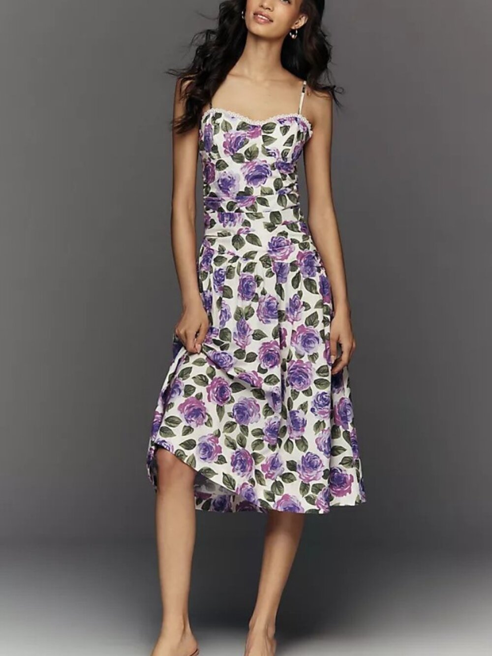 Maeve Cream Midi Dress with Purple Rose Print